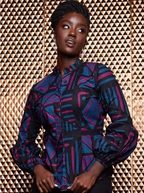 D’iyanu Button-Front Mandarin Collar Blouse with Blue & Purple African Print